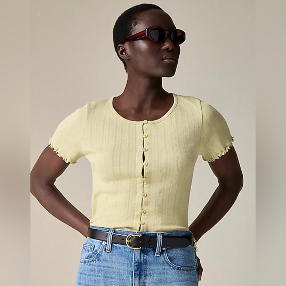 NWT Pointelle short-sleeve knit cardigan in Belmont Khaki